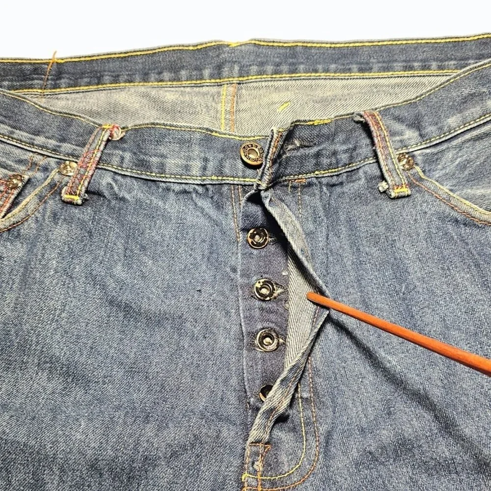 RMC Red Monkey Mens Jean Shorts 38 Denim Button Fly Embroidered Pocket & Hem Y2K